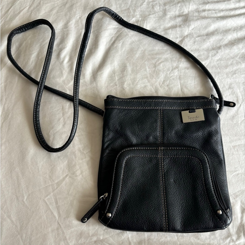 Vintage Tignanello Black Leather Crossbody Bag White Stitching Excellent Shape